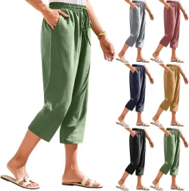 Linen Capri Pants for Women Casual Summer Elastic Waist Tapered Straight Leg Pants Cropped Beach Trousers with Pockets