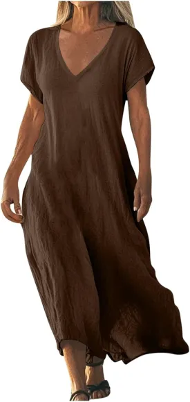 Linen Dresses for Women Trendy Vneck Long Maxi Dress Flowy Summer Sundresses Boho Beach Wear