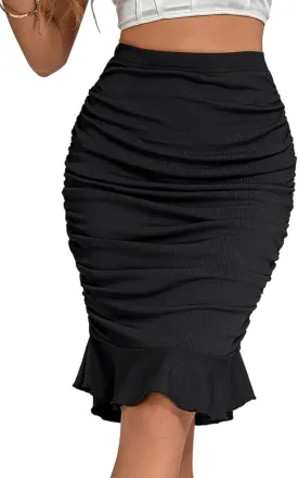 LYANER Women's Rib Knit Ruched Elastic Waist Ruffle Hem Mermaid Fishtail Bodycon Midi Skirt