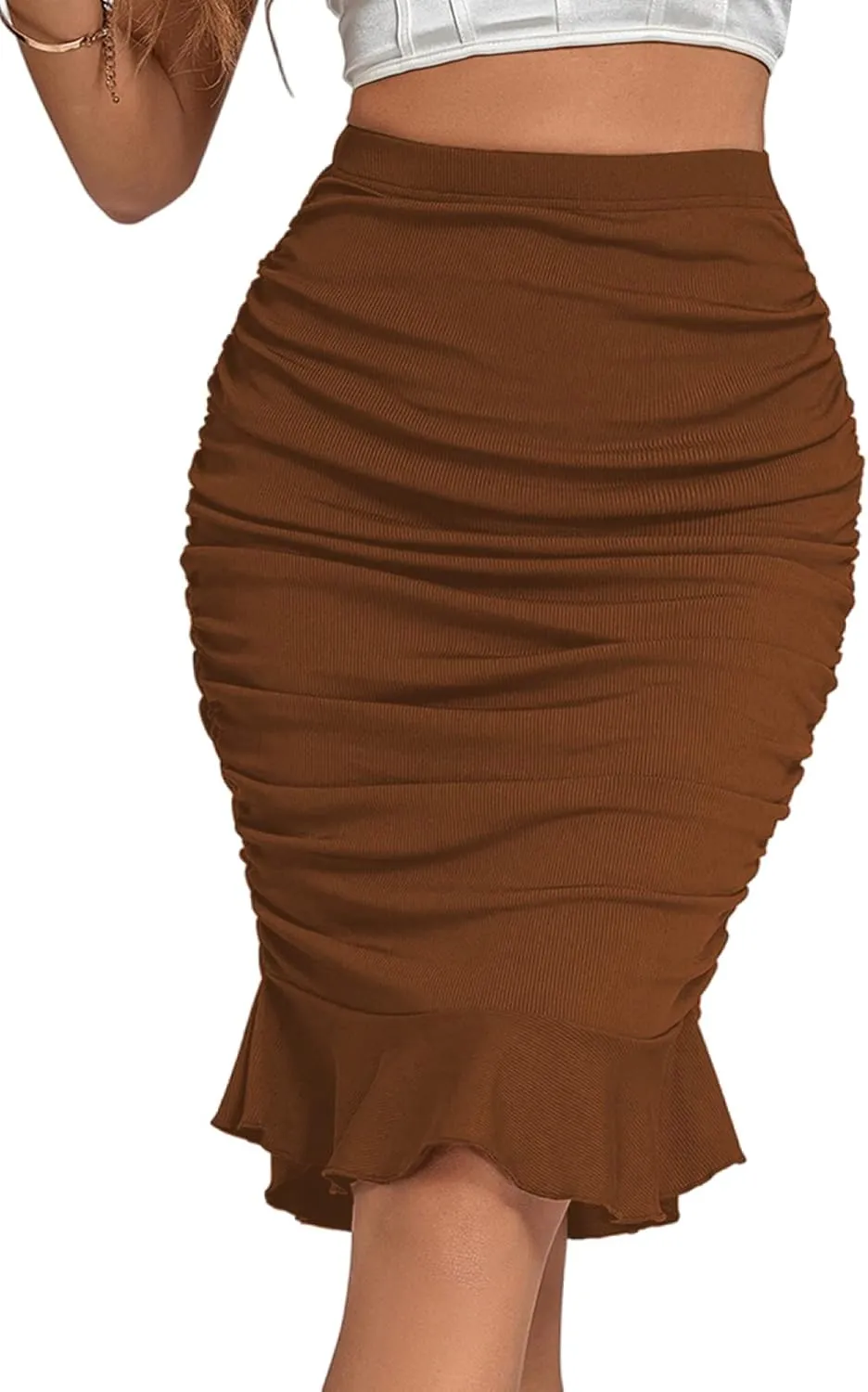 LYANER Women's Rib Knit Ruched Elastic Waist Ruffle Hem Mermaid Fishtail Bodycon Midi Skirt