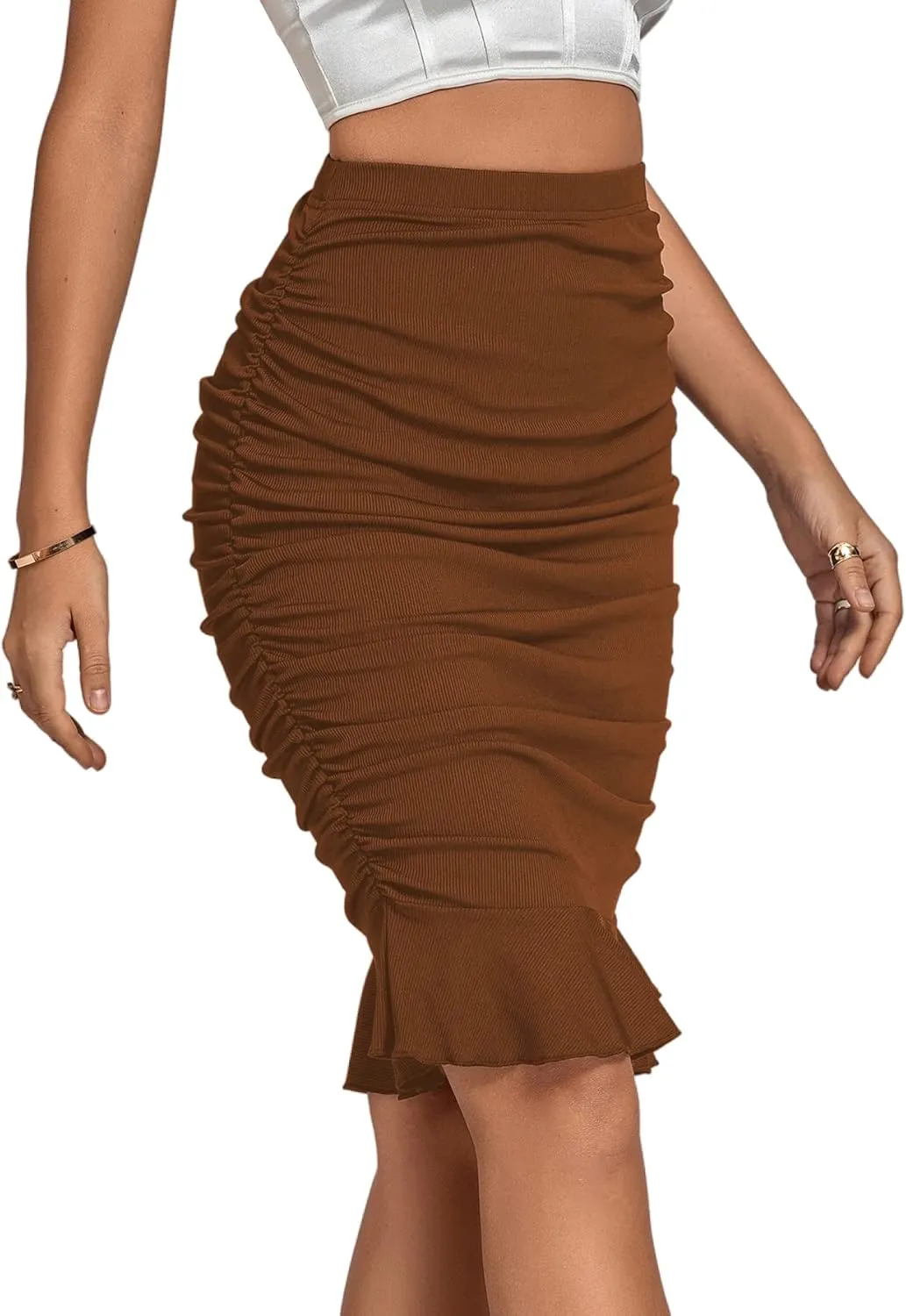 LYANER Women's Rib Knit Ruched Elastic Waist Ruffle Hem Mermaid Fishtail Bodycon Midi Skirt