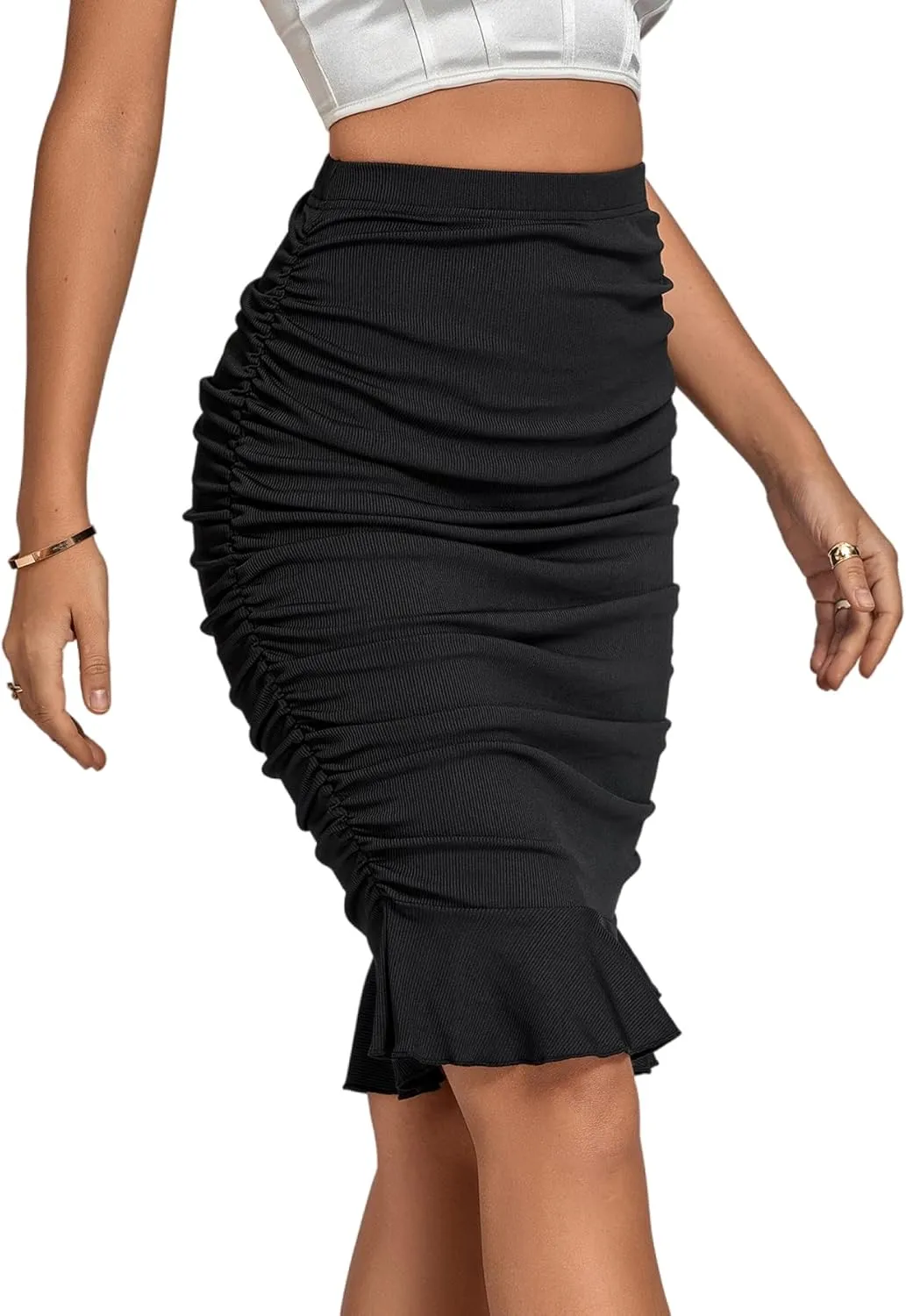 LYANER Women's Rib Knit Ruched Elastic Waist Ruffle Hem Mermaid Fishtail Bodycon Midi Skirt