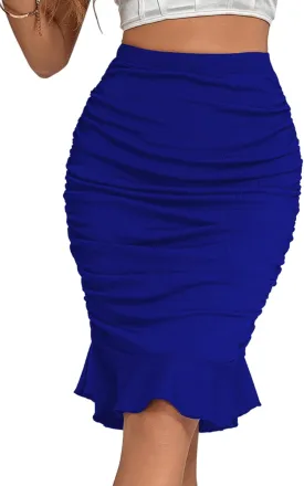 LYANER Women's Rib Knit Ruched Elastic Waist Ruffle Hem Mermaid Fishtail Bodycon Midi Skirt