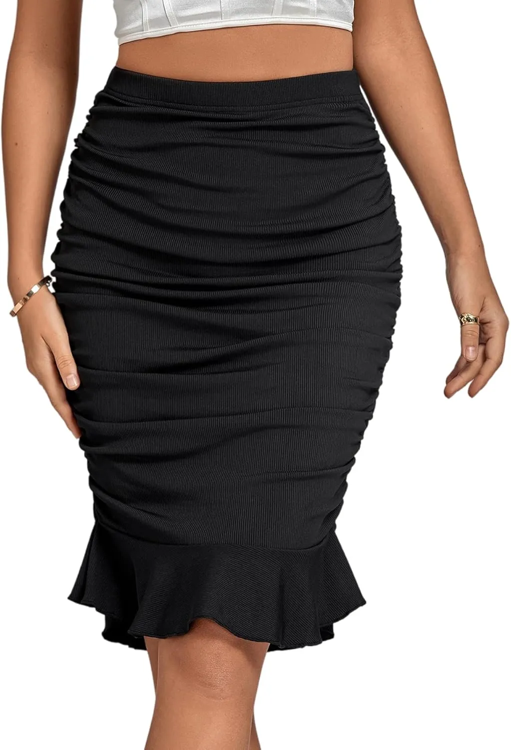 LYANER Women's Rib Knit Ruched Elastic Waist Ruffle Hem Mermaid Fishtail Bodycon Midi Skirt