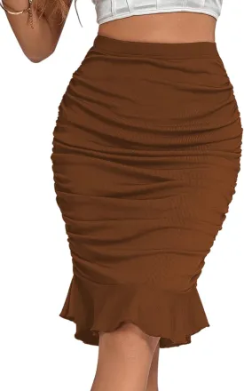 LYANER Women's Rib Knit Ruched Elastic Waist Ruffle Hem Mermaid Fishtail Bodycon Midi Skirt