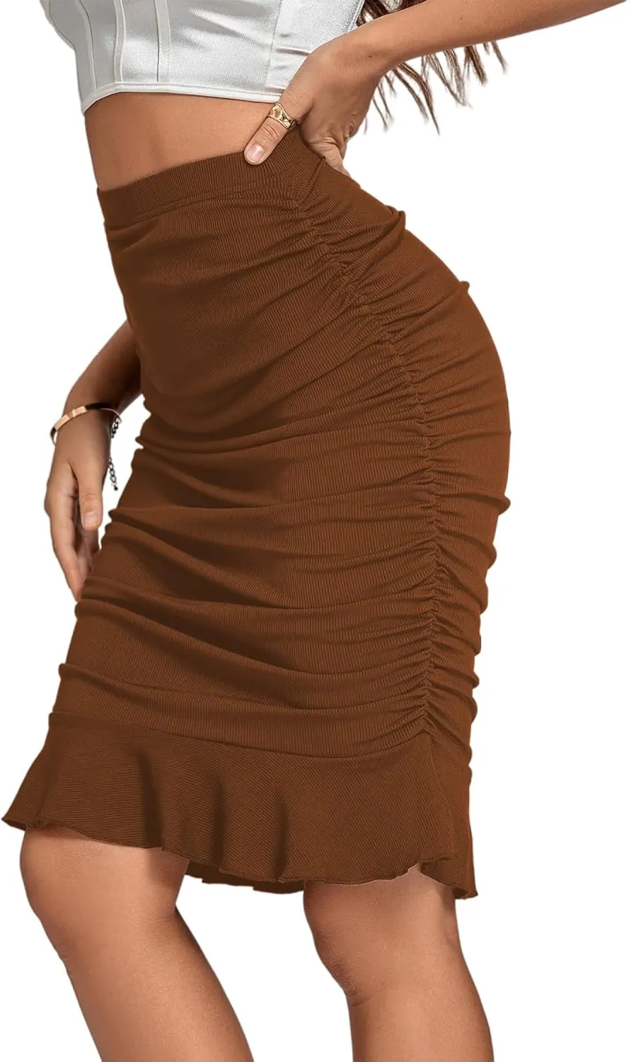 LYANER Women's Rib Knit Ruched Elastic Waist Ruffle Hem Mermaid Fishtail Bodycon Midi Skirt