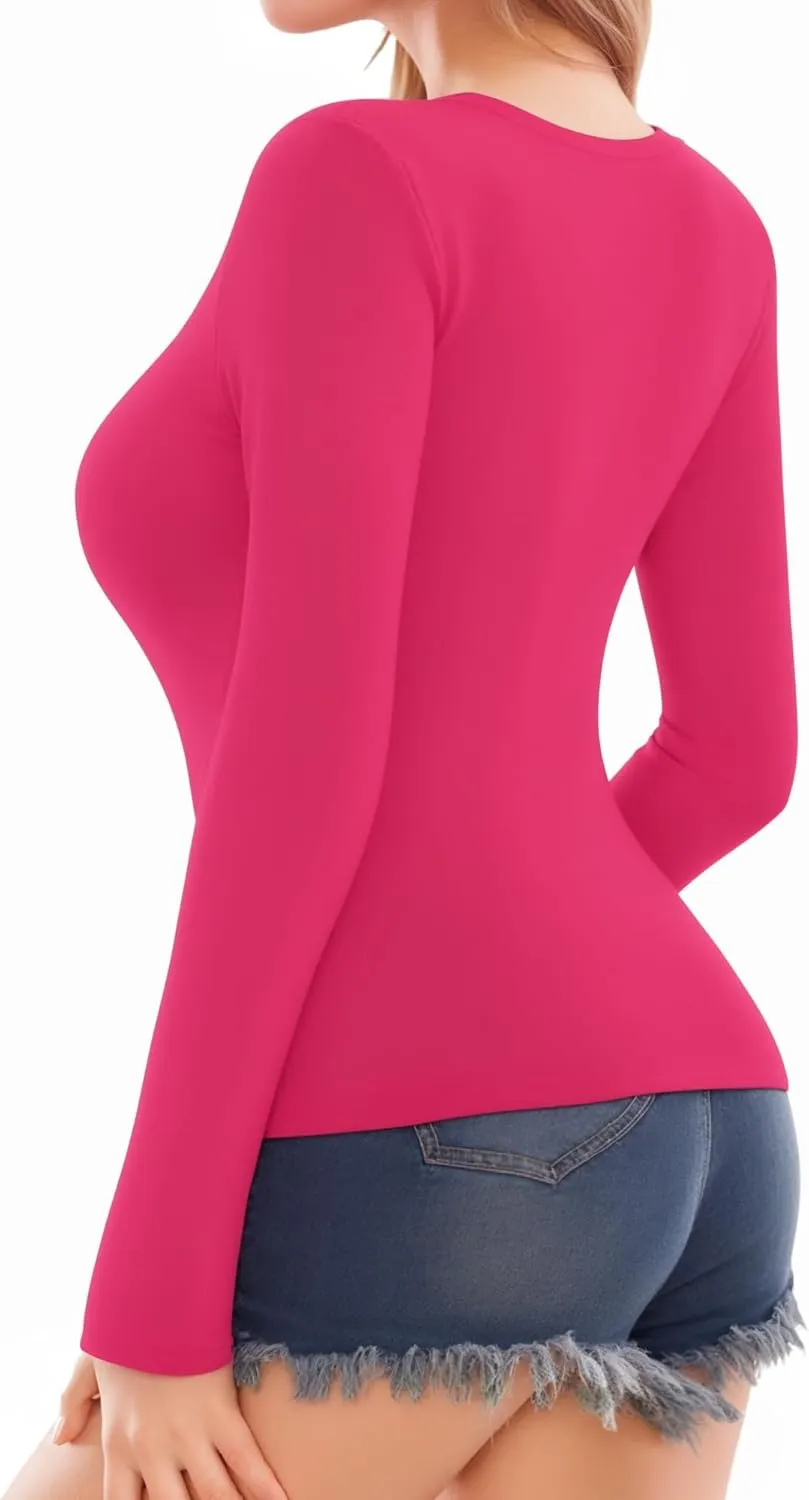 MANGOPOP Deep V Neck Long Sleeve Shirts for Women Sexy Slim Fitted T Shirt Tops