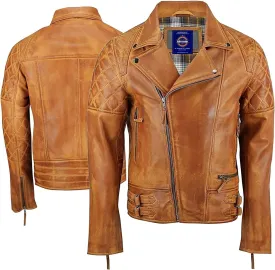 Mens Fashion Distressed Tan Brown Vintage Brando Biker Genuine Lambskin Leather Jacket For Men - AS/NZ-721901007
