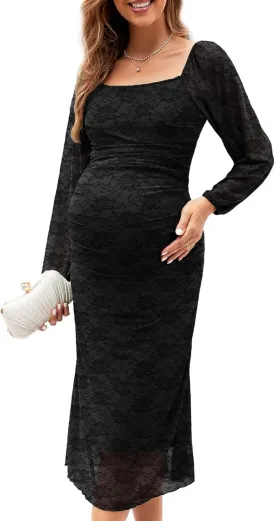 Mesh Ruched Maternity Dress Baby Shower Wedding Guest Pregnancy Shoot Fall Long Short Sleeves Square Neck