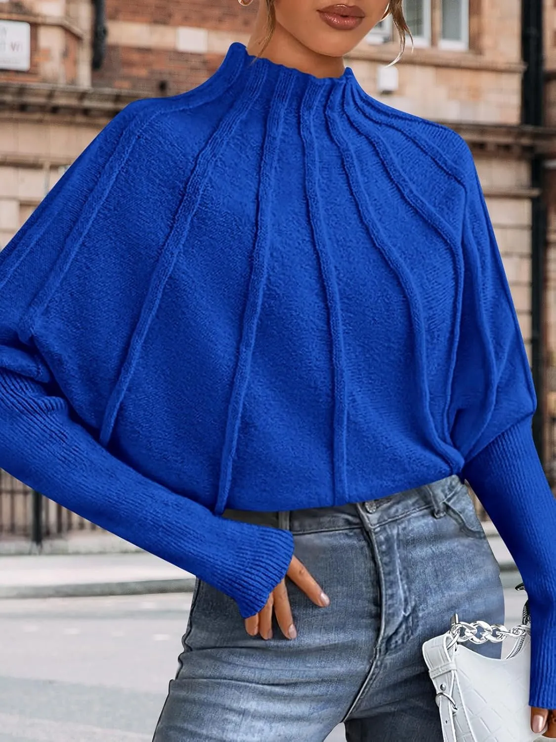 NALANISA Women's Mock Neck Batwing Sleeve Sweaters 2024 Fall Winter Oversized Knit Cute Pullover Sweater Dolman Tops Trendy