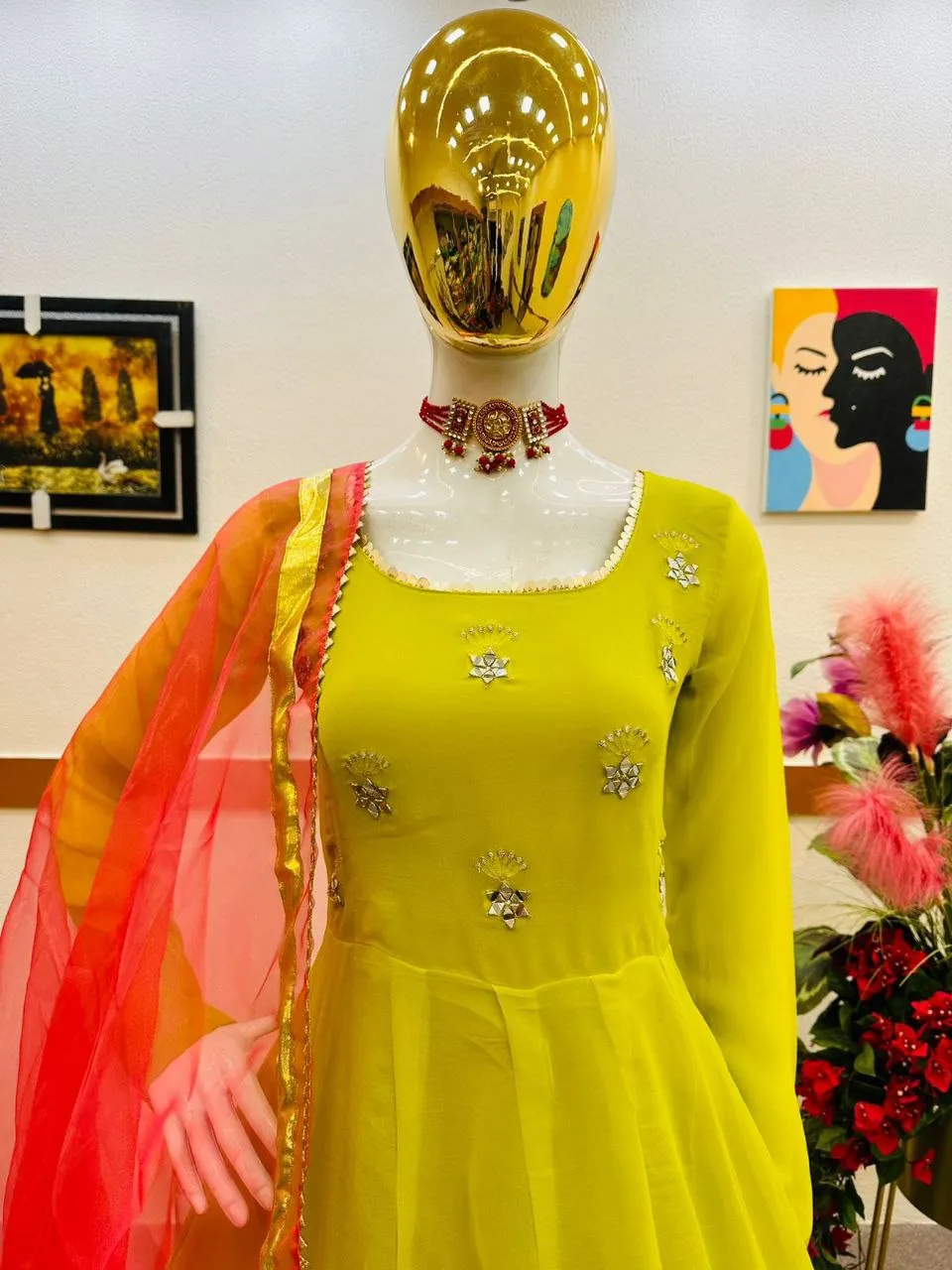 Olive Yellow Anarkali Gown Set in Faux Georgette with Dupatta