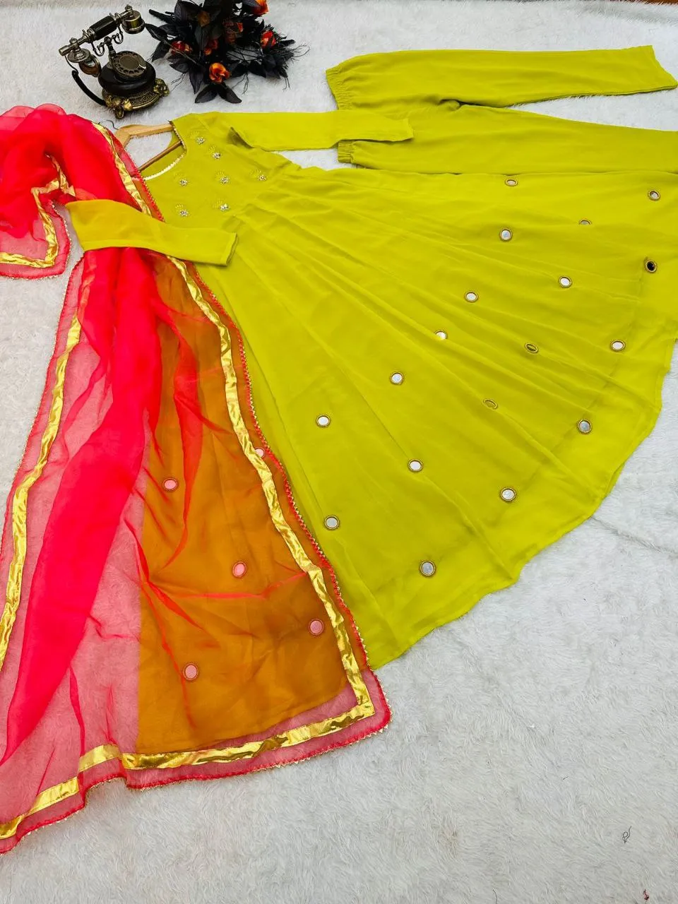 Olive Yellow Anarkali Gown Set in Faux Georgette with Dupatta