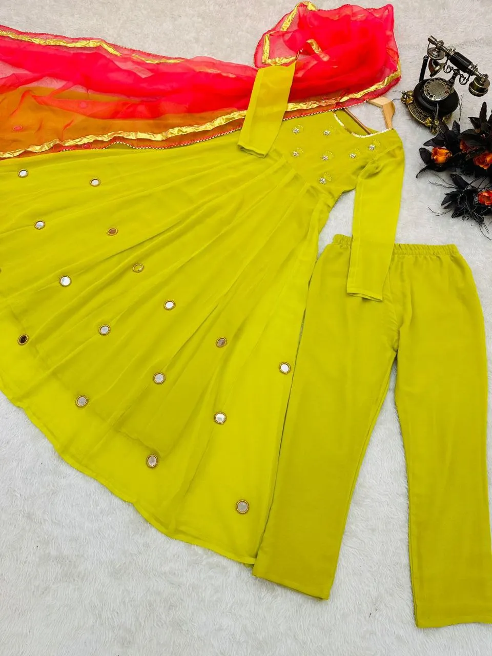 Olive Yellow Anarkali Gown Set in Faux Georgette with Dupatta