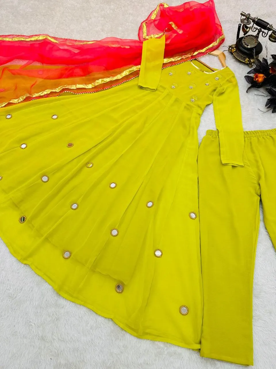 Olive Yellow Anarkali Gown Set in Faux Georgette with Dupatta