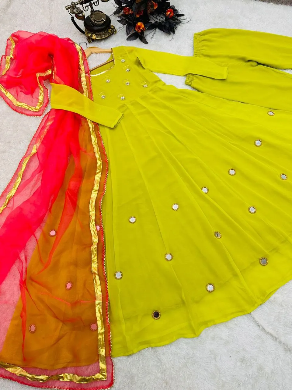 Olive Yellow Anarkali Gown Set in Faux Georgette with Dupatta