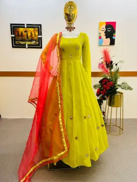 Olive Yellow Anarkali Gown Set in Faux Georgette with Dupatta