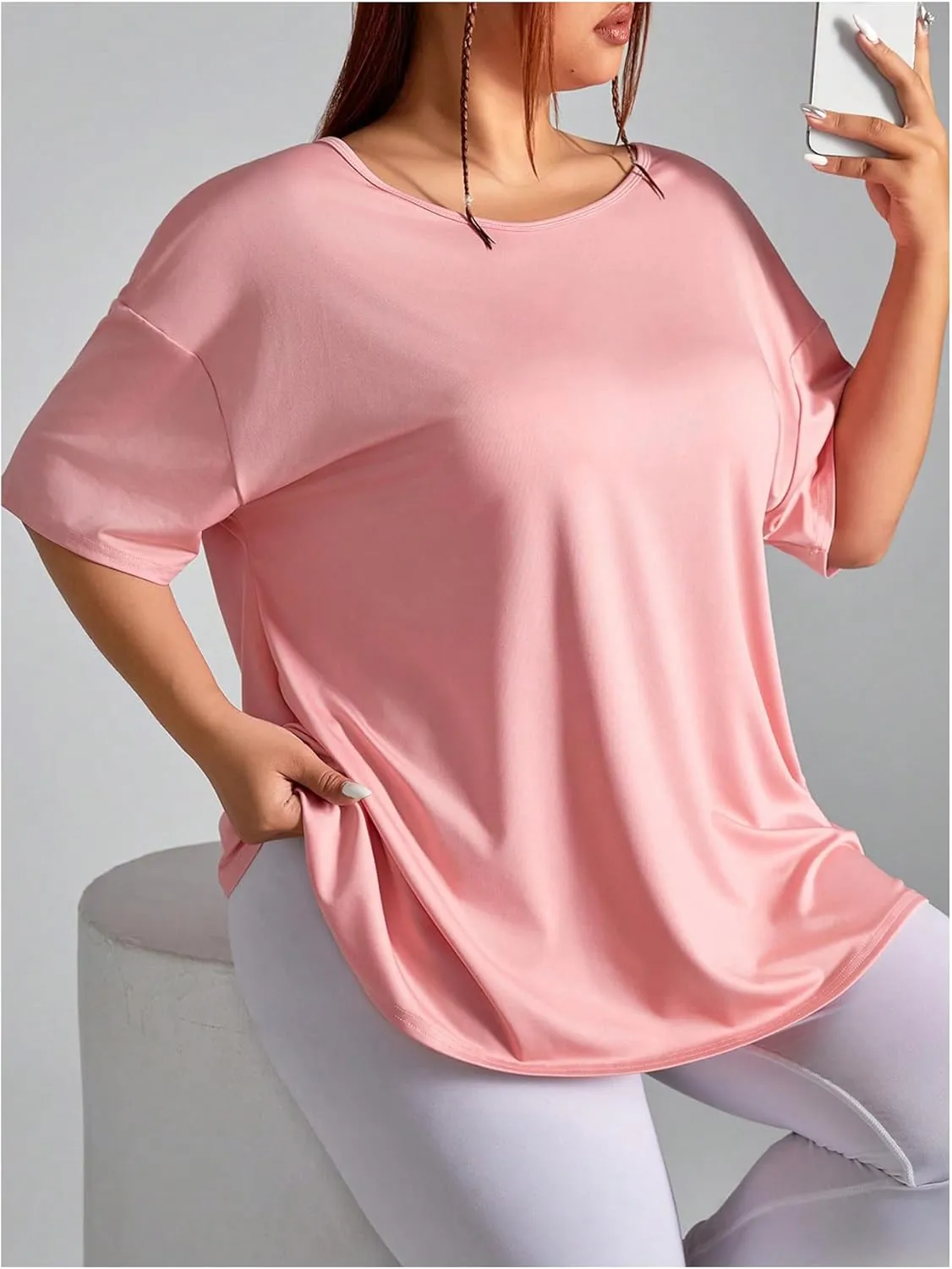 OYOANGLE Women's Plus Size Open Back Workout Tops Short Sleeve Criss Cross T-Shirts Athletic Gym Tee Top