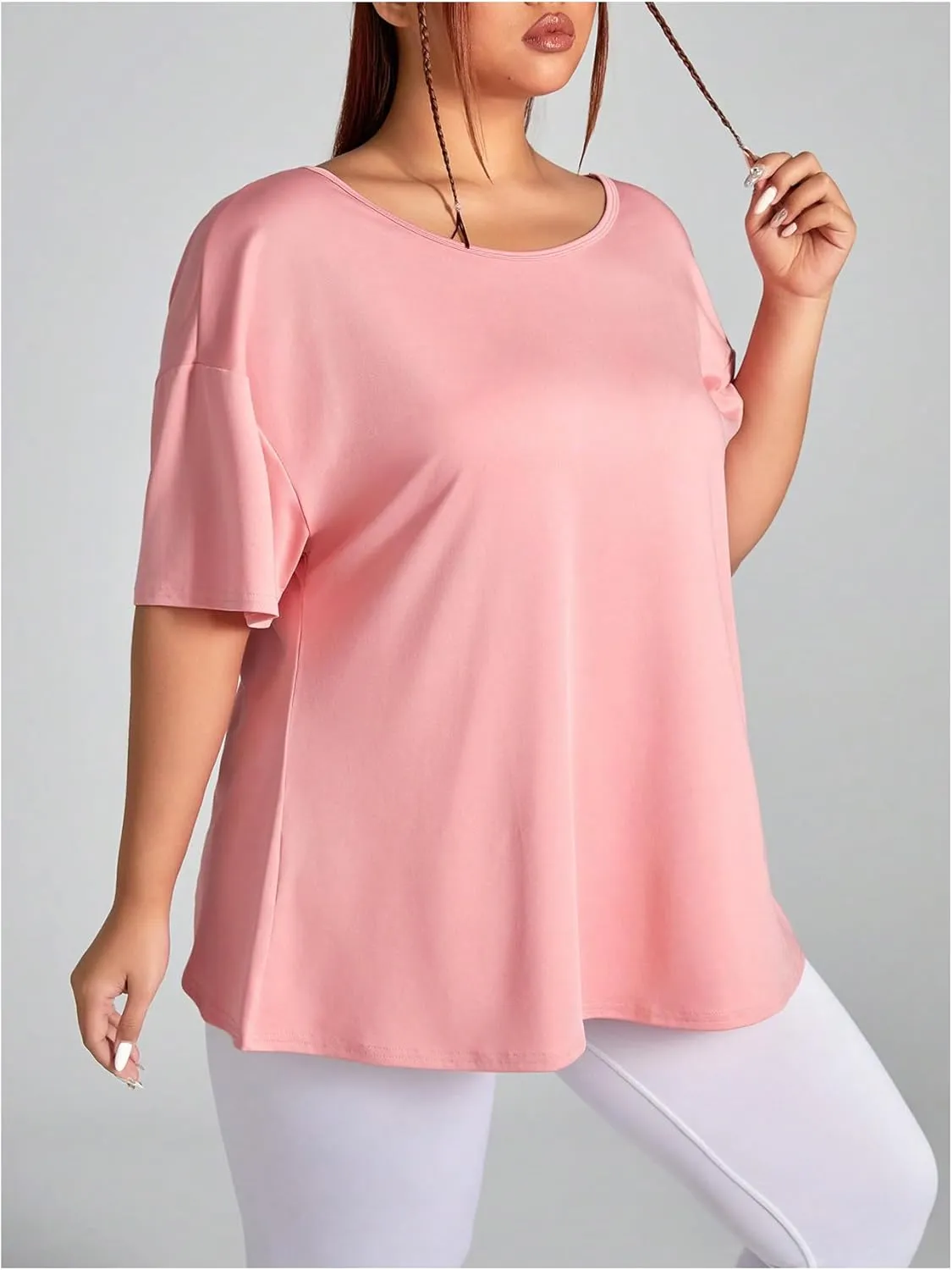 OYOANGLE Women's Plus Size Open Back Workout Tops Short Sleeve Criss Cross T-Shirts Athletic Gym Tee Top