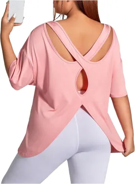 OYOANGLE Women's Plus Size Open Back Workout Tops Short Sleeve Criss Cross T-Shirts Athletic Gym Tee Top