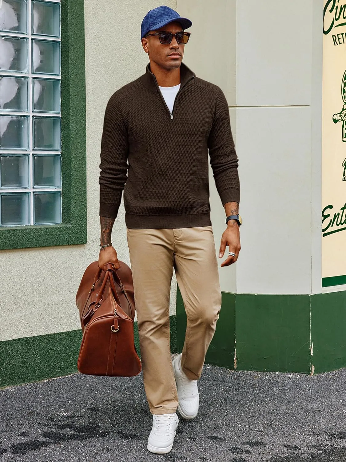 PJ PAUL JONES Men's Quarter Zip Sweaters Slim Fit Long Sleeve Casual Pullover Sweater Knit Textured Mock Neck Polo Sweaters
