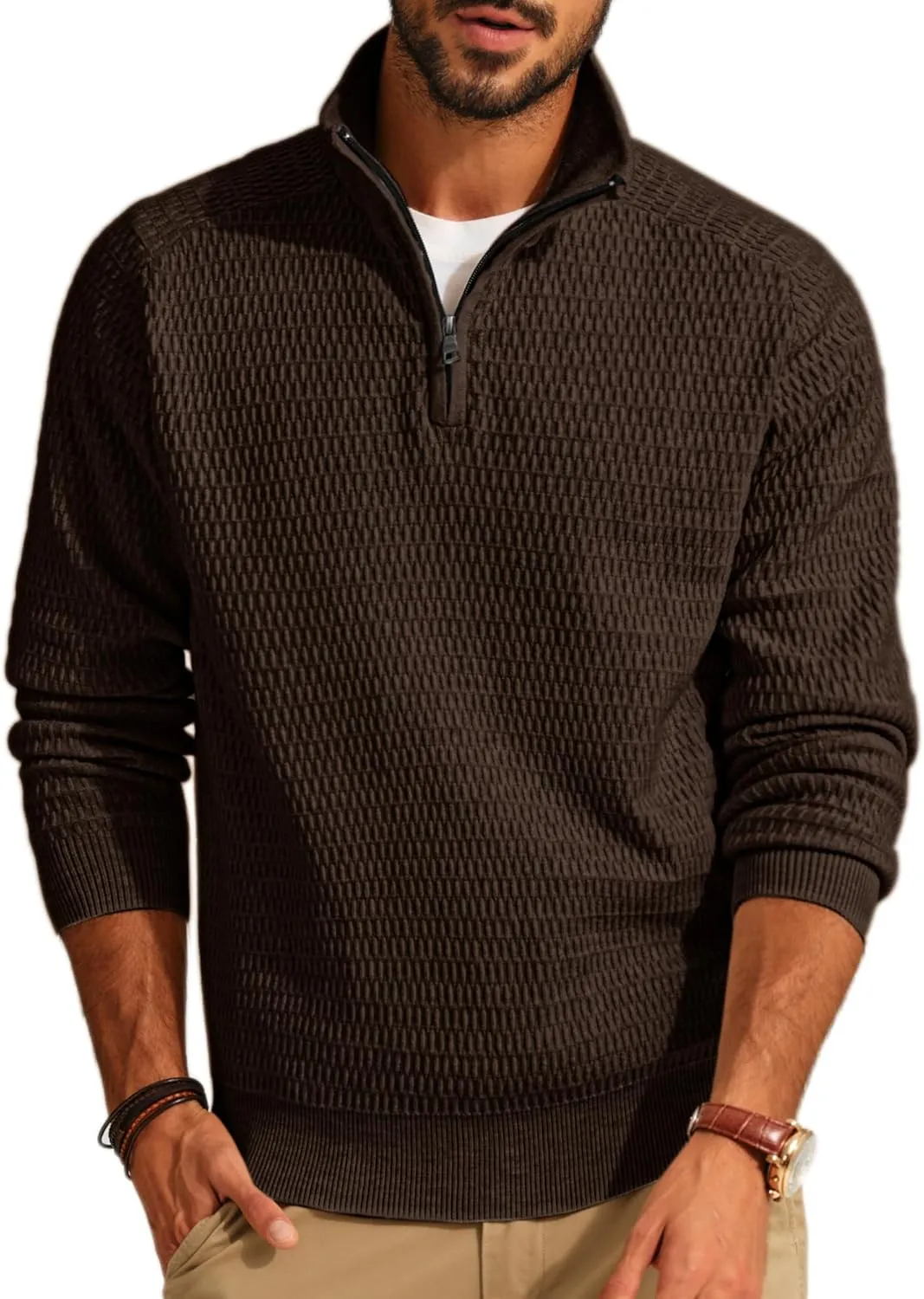 PJ PAUL JONES Men's Quarter Zip Sweaters Slim Fit Long Sleeve Casual Pullover Sweater Knit Textured Mock Neck Polo Sweaters