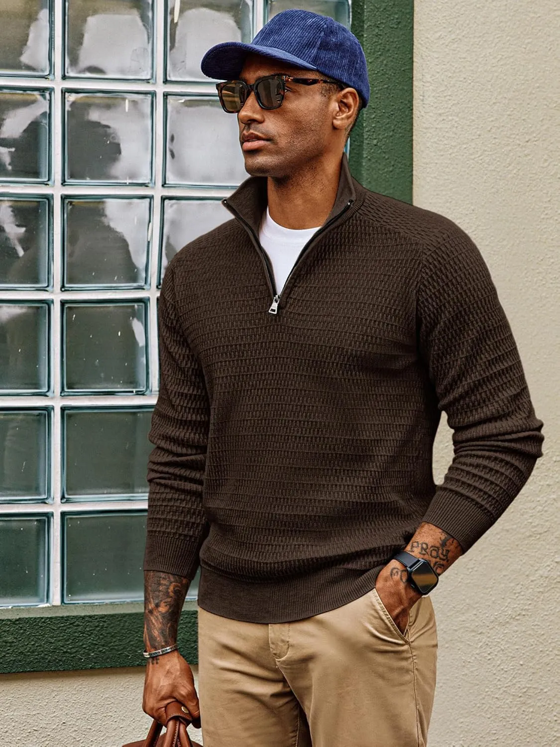 PJ PAUL JONES Men's Quarter Zip Sweaters Slim Fit Long Sleeve Casual Pullover Sweater Knit Textured Mock Neck Polo Sweaters