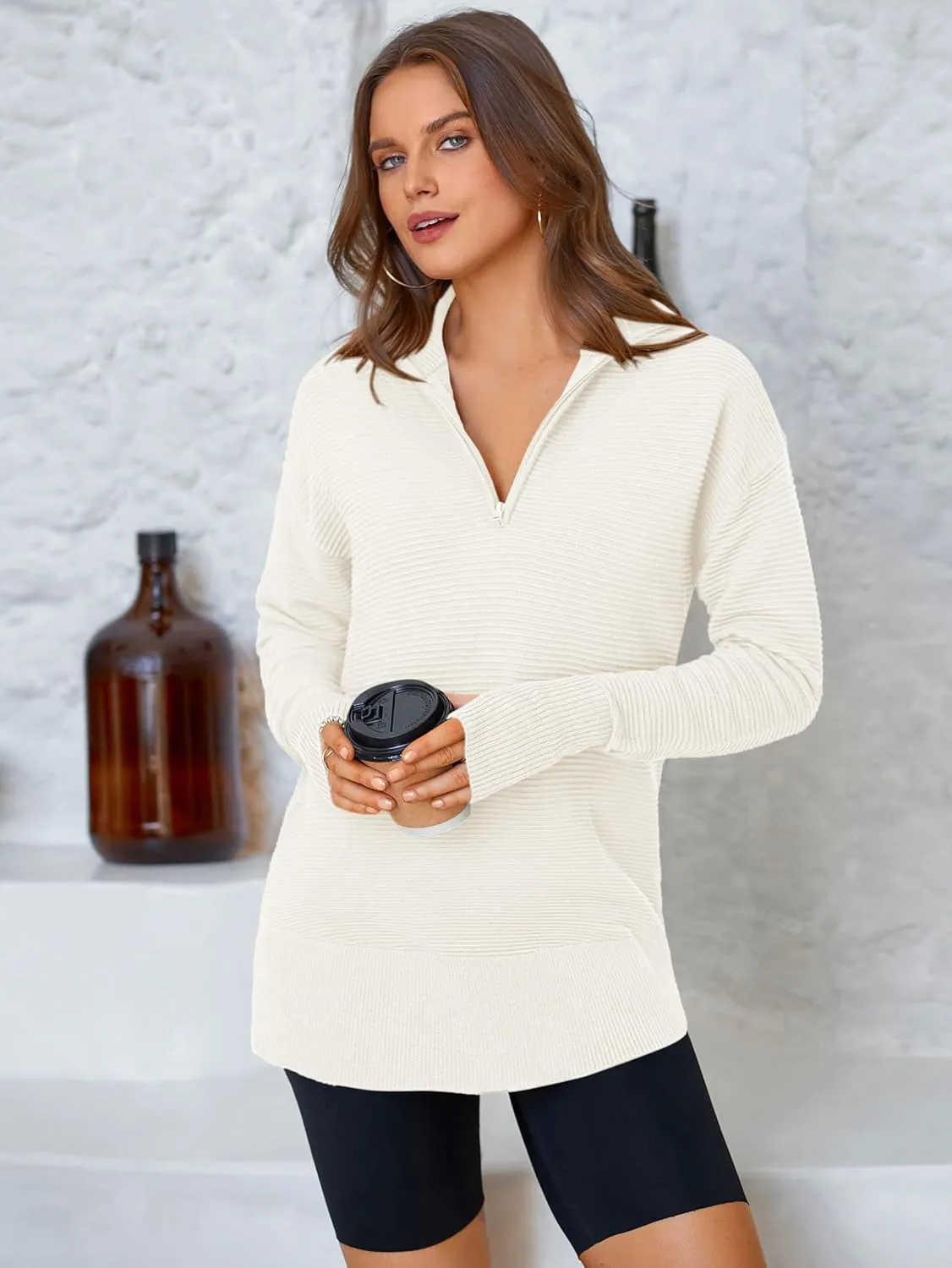 PRETTYGARDEN Womens Long Sleeve Quarter Zip Pullover Sweater Casual Loose V Neck Collared Ribbed Knit Jumper Tops Thumb Hole
