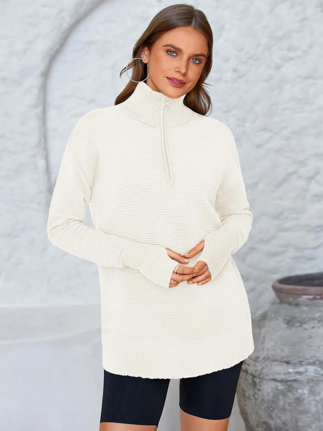 PRETTYGARDEN Womens Long Sleeve Quarter Zip Pullover Sweater Casual Loose V Neck Collared Ribbed Knit Jumper Tops Thumb Hole