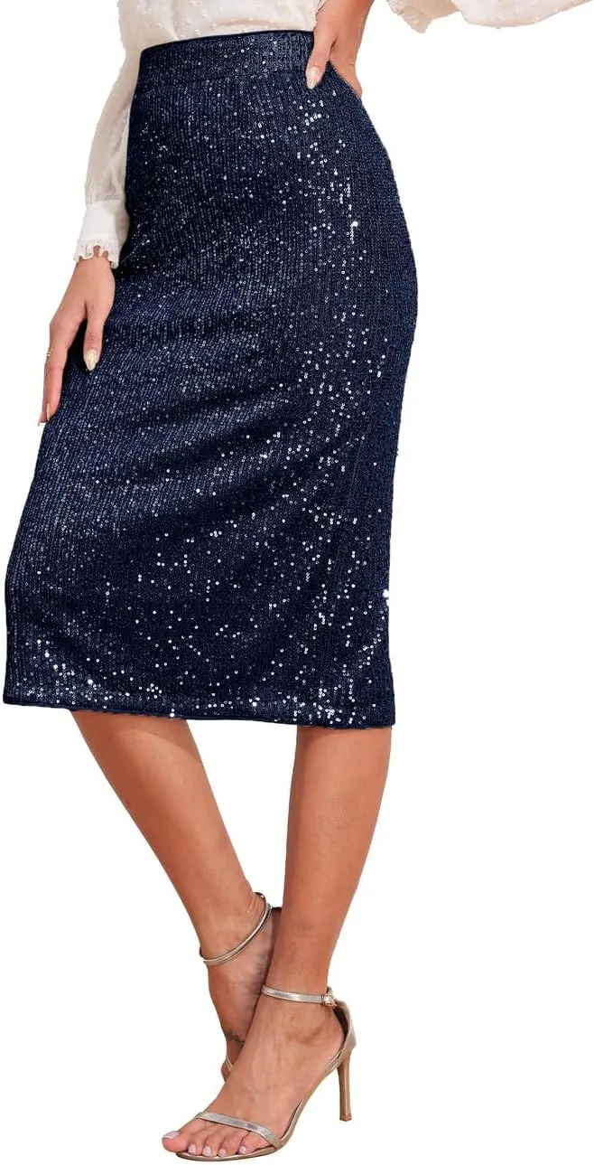 PrettyGuide Women's Sparkly Sequin Skirt High Waist Bodycon Glitter Cocktail Party Midi Skirts with Slit Back