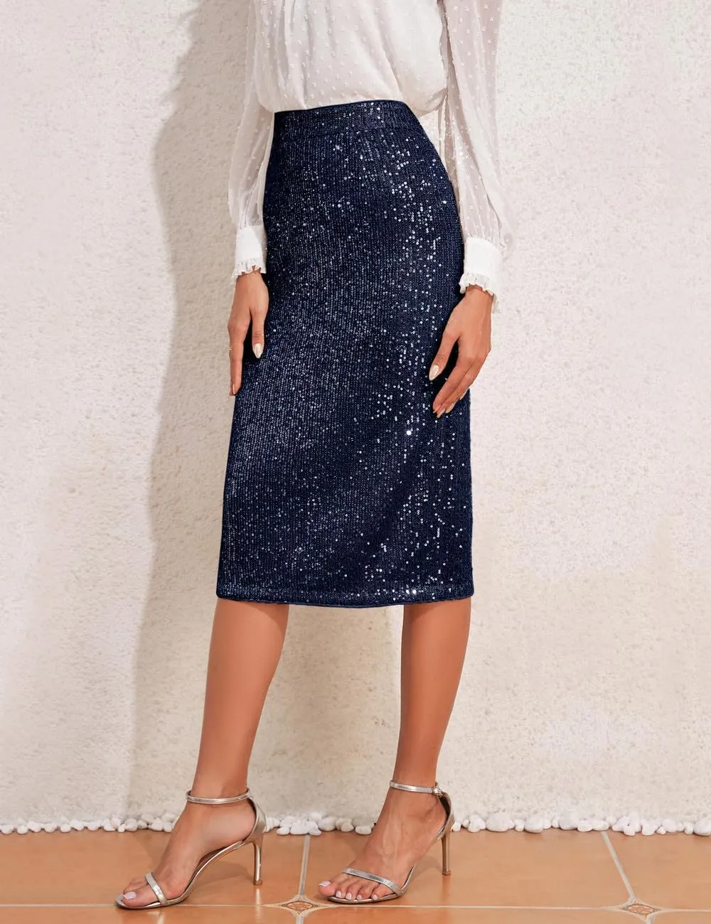 PrettyGuide Women's Sparkly Sequin Skirt High Waist Bodycon Glitter Cocktail Party Midi Skirts with Slit Back