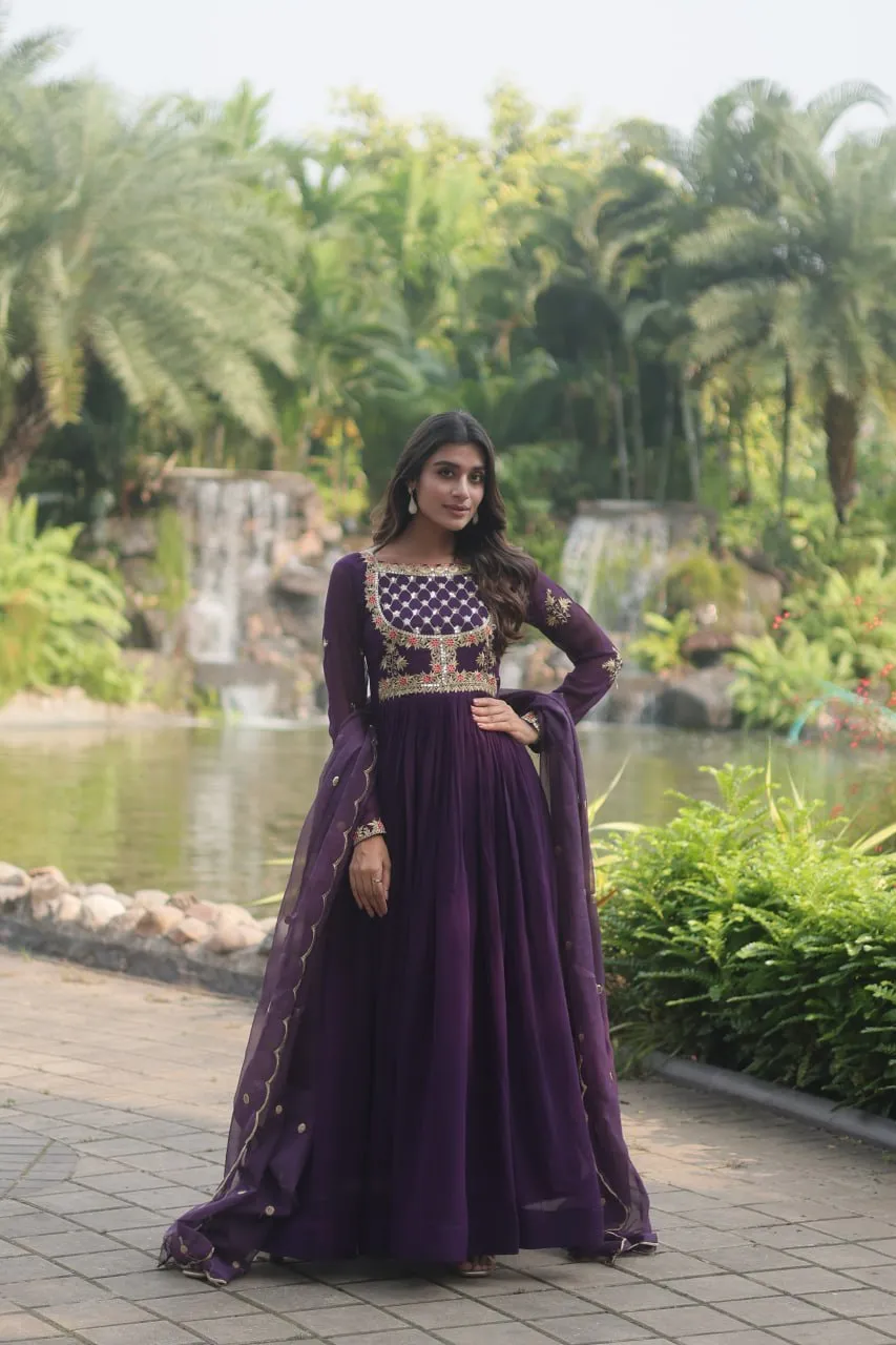 Purple Elegant Faux Blooming Gown with Embroidered Sequins Work and Russian Silk Dupatta