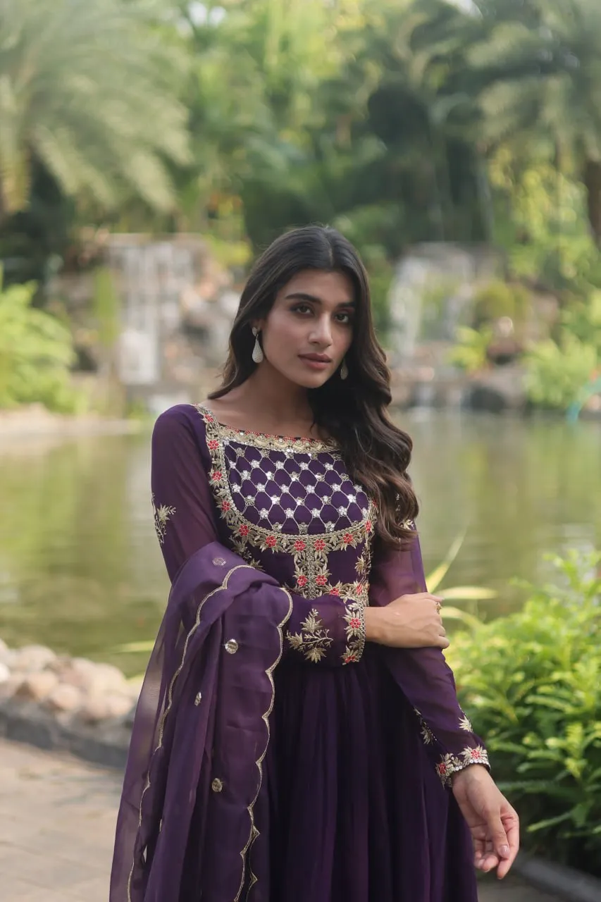 Purple Elegant Faux Blooming Gown with Embroidered Sequins Work and Russian Silk Dupatta