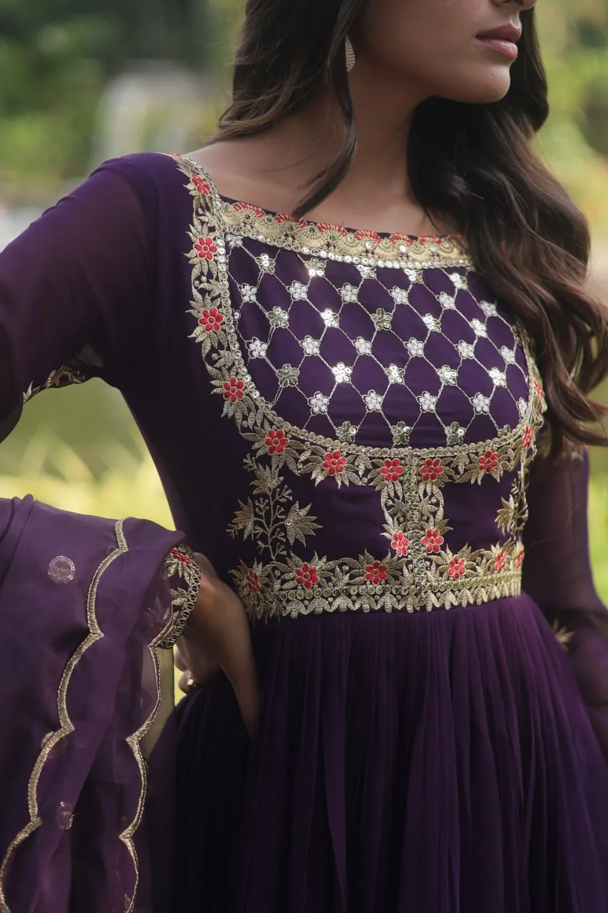 Purple Elegant Faux Blooming Gown with Embroidered Sequins Work and Russian Silk Dupatta