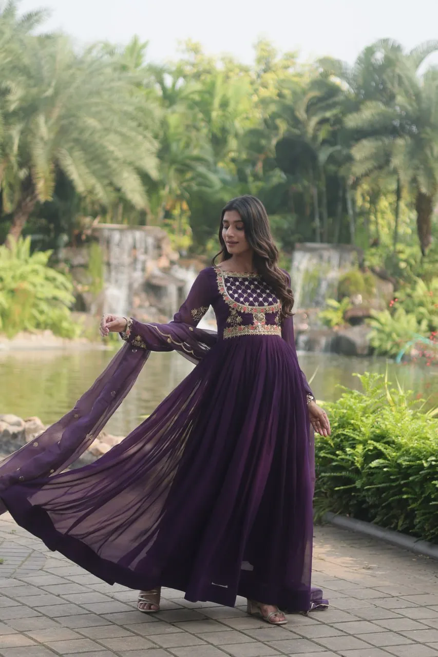 Purple Elegant Faux Blooming Gown with Embroidered Sequins Work and Russian Silk Dupatta