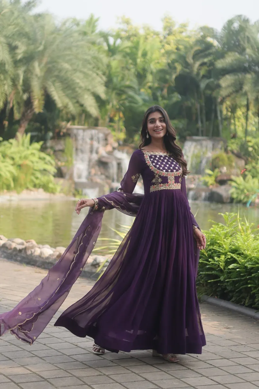 Purple Elegant Faux Blooming Gown with Embroidered Sequins Work and Russian Silk Dupatta