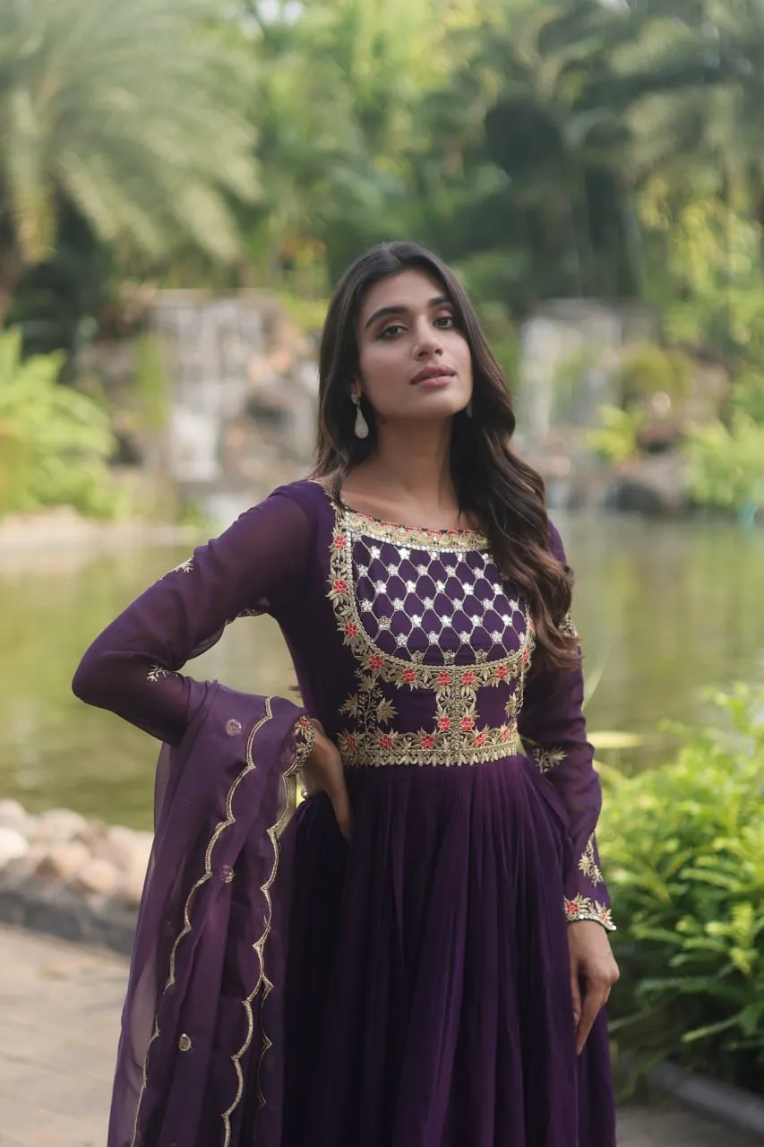 Purple Elegant Faux Blooming Gown with Embroidered Sequins Work and Russian Silk Dupatta