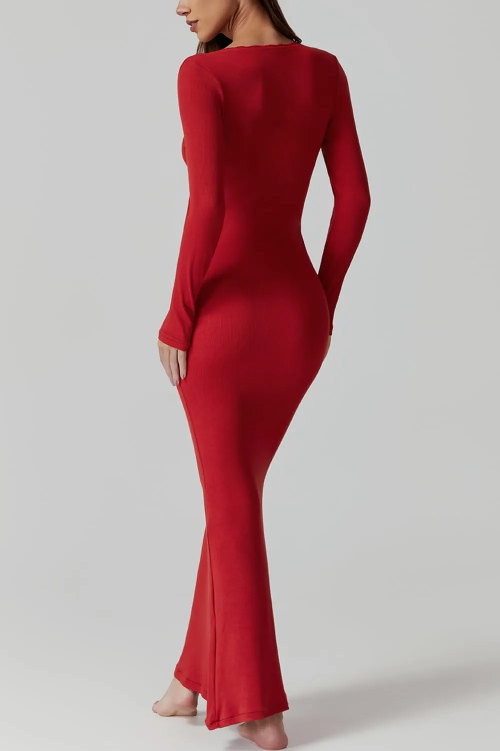 QINSEN Women's Ribbed Knit Long Sleeve Scoop Neck Maxi Dress with Lace Details Bodycon Dress