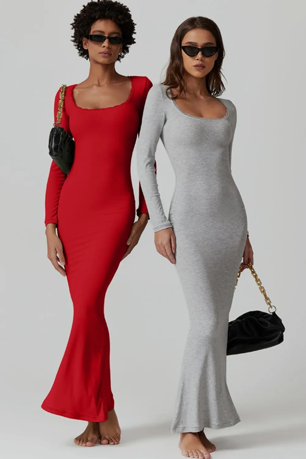 QINSEN Women's Ribbed Knit Long Sleeve Scoop Neck Maxi Dress with Lace Details Bodycon Dress