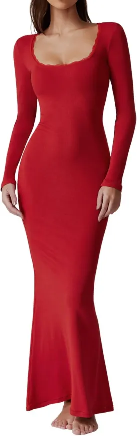 QINSEN Women's Ribbed Knit Long Sleeve Scoop Neck Maxi Dress with Lace Details Bodycon Dress