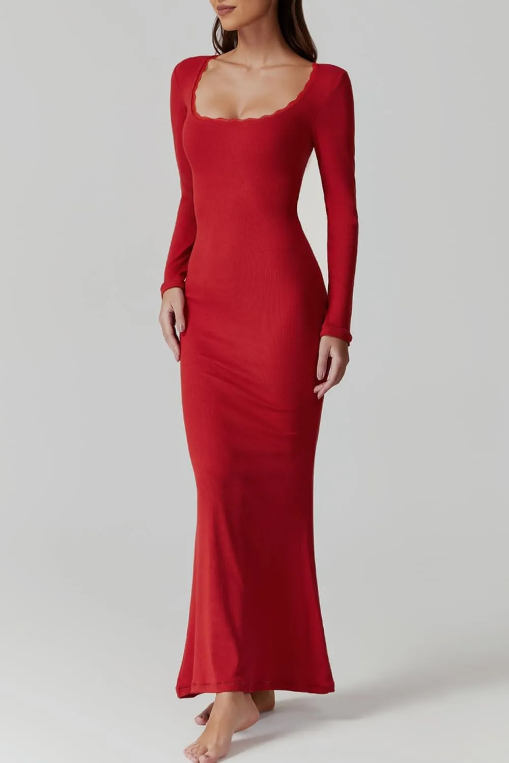 QINSEN Women's Ribbed Knit Long Sleeve Scoop Neck Maxi Dress with Lace Details Bodycon Dress