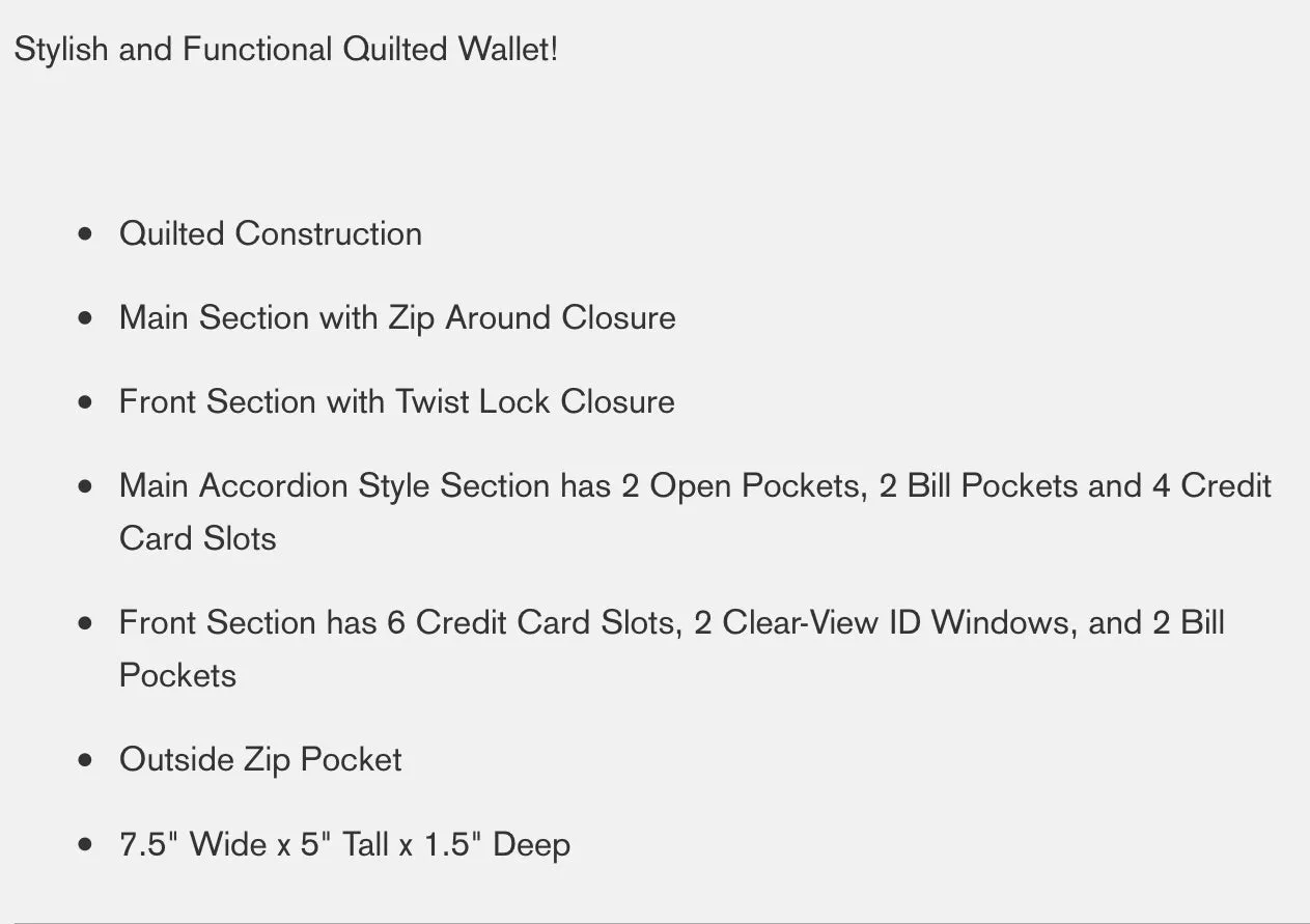 Quilted Organizer Clutch Wallet (NGIL Brand)