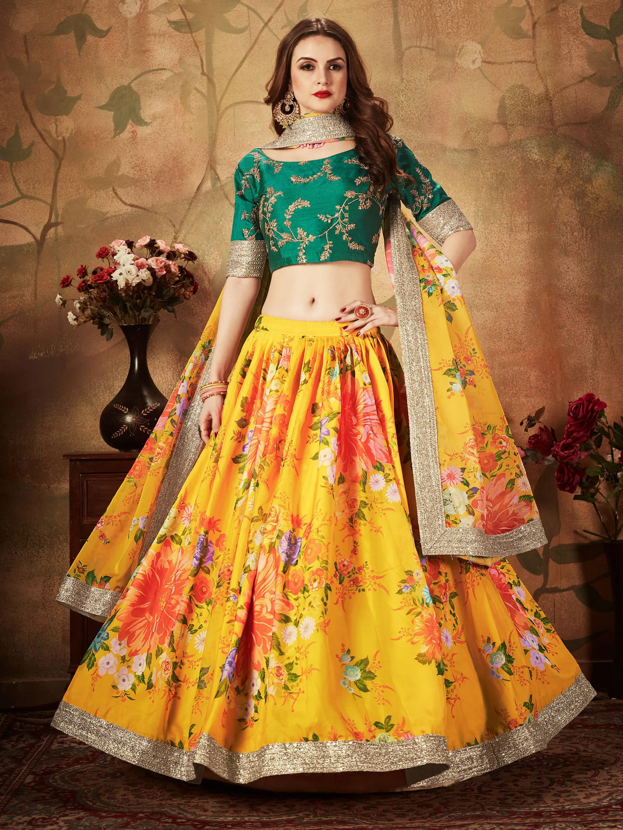 Radiant Yellow Digital Printed Organza Silk Bridal Lehenga Choli With Green Blouse