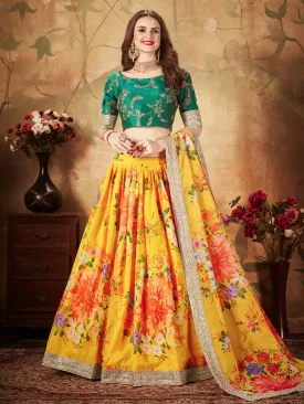 Radiant Yellow Digital Printed Organza Silk Bridal Lehenga Choli With Green Blouse