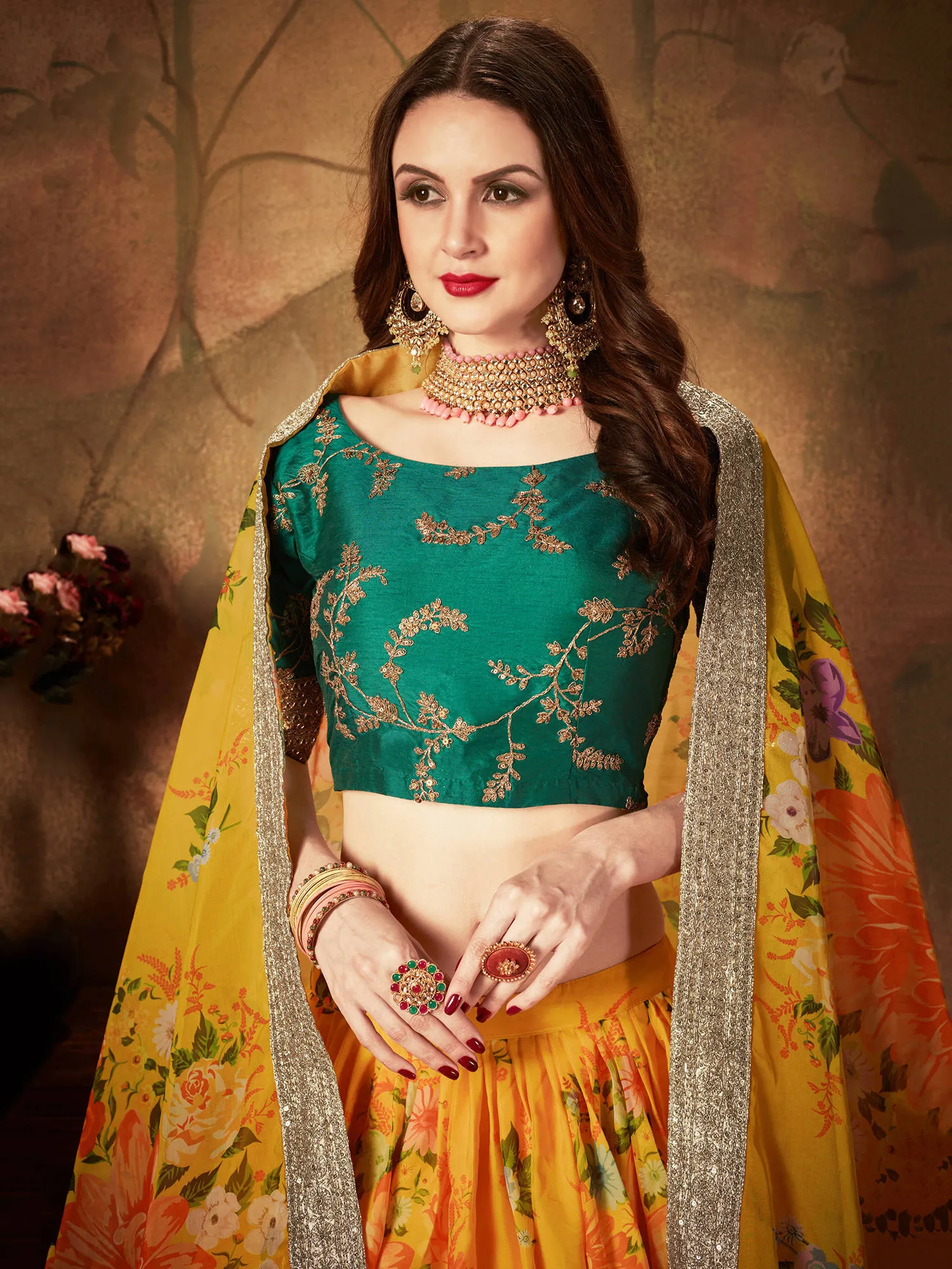 Radiant Yellow Digital Printed Organza Silk Bridal Lehenga Choli With Green Blouse