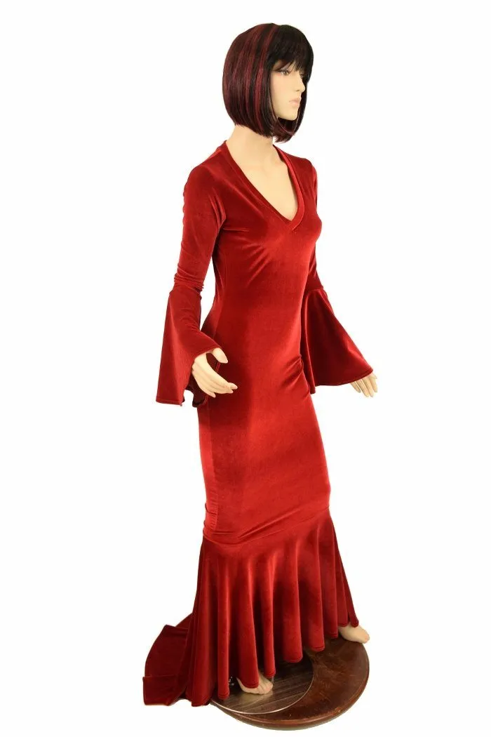 Red Velvet Trumpet Sleeve Gown