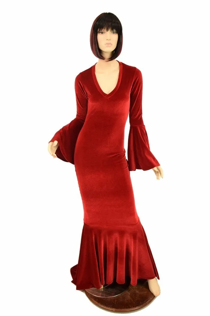 Red Velvet Trumpet Sleeve Gown