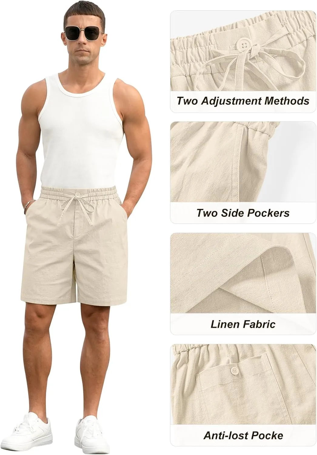 RQP Mens Cotton Linen Shorts Casual Drawstring 7inch Inseam Shorts Stretch Summer Beach Wear