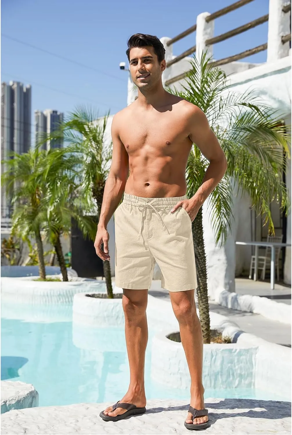 RQP Mens Cotton Linen Shorts Casual Drawstring 7inch Inseam Shorts Stretch Summer Beach Wear