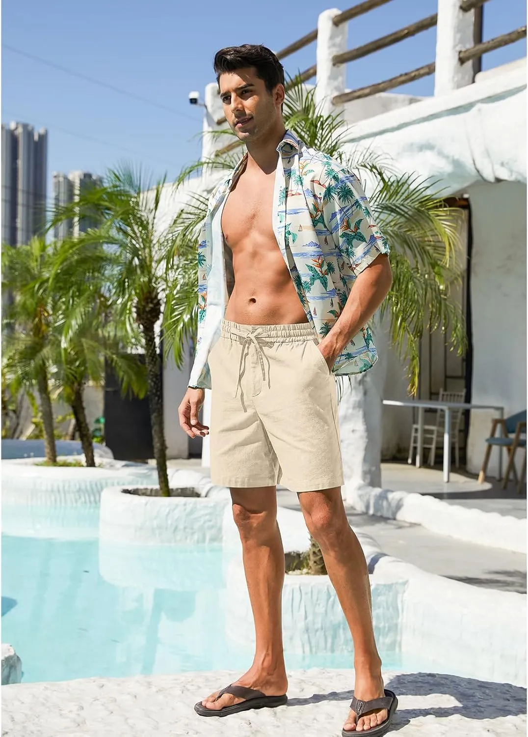 RQP Mens Cotton Linen Shorts Casual Drawstring 7inch Inseam Shorts Stretch Summer Beach Wear