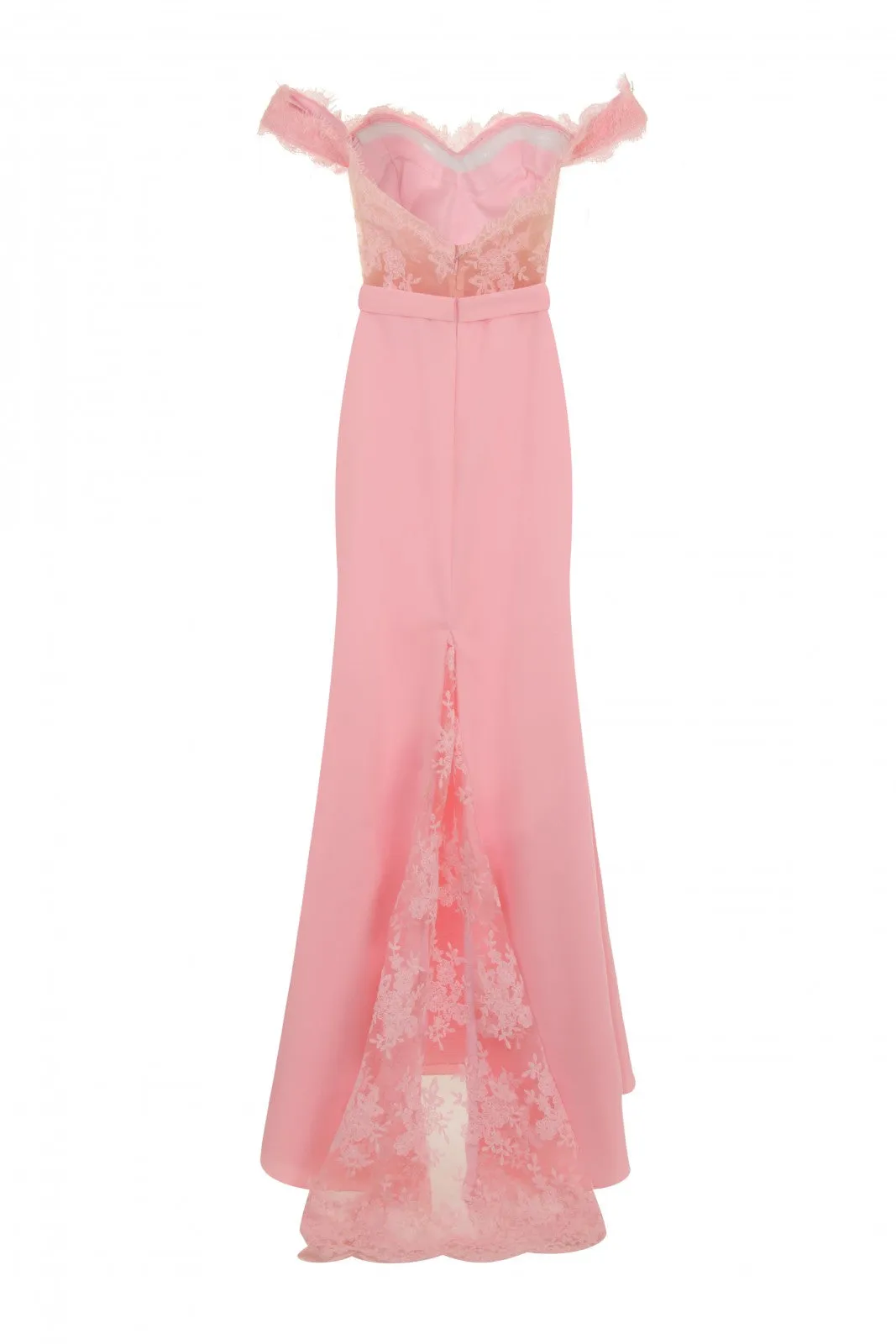 Ruby Blush Off The Shoulder Lace Fishtail Maxi Dress